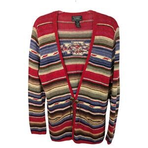 Lauren Ralph Lauren Handknit Cardigan Southwest Aztec Linen Cotton Stripe M